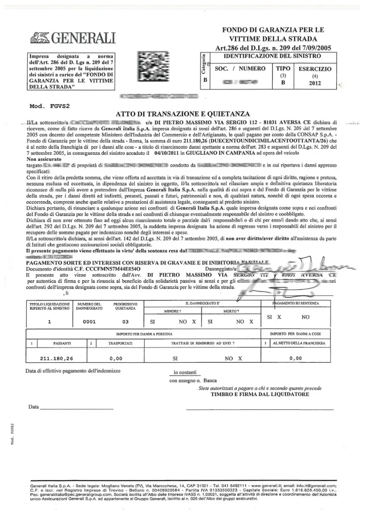 Generali Fondo di Garanzia settlement €211,180 - Road Accident case