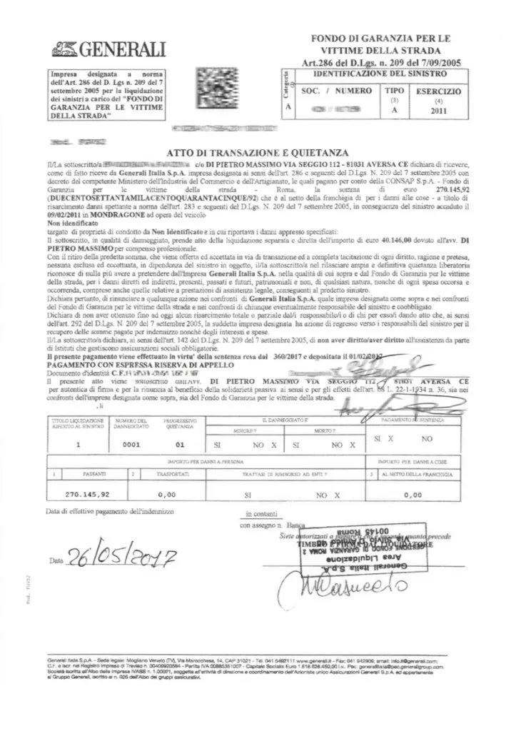 Generali Fondo di Garanzia settlement - Road Accident case
