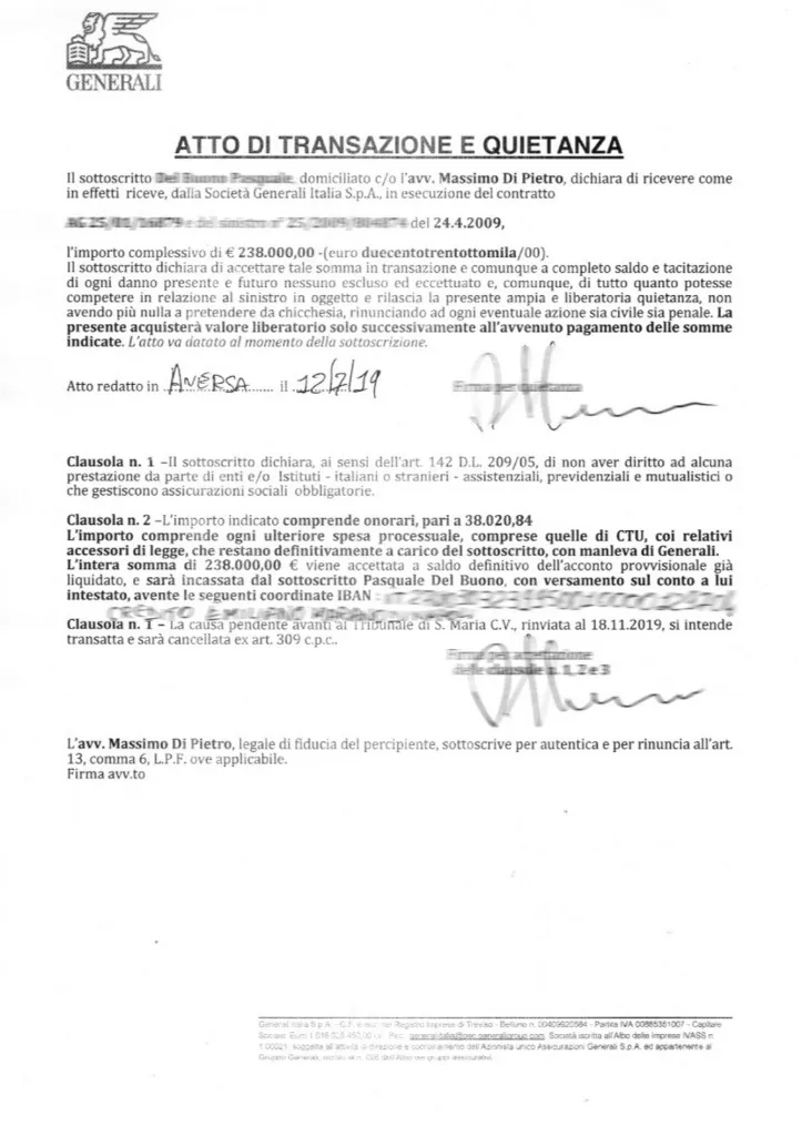 Generali settlement document €238,000 - Road Accident case