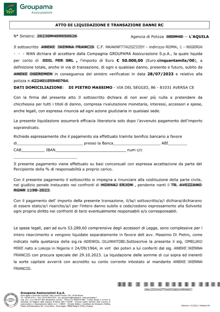 Groupama settlement document €50,000 - Road Accident case