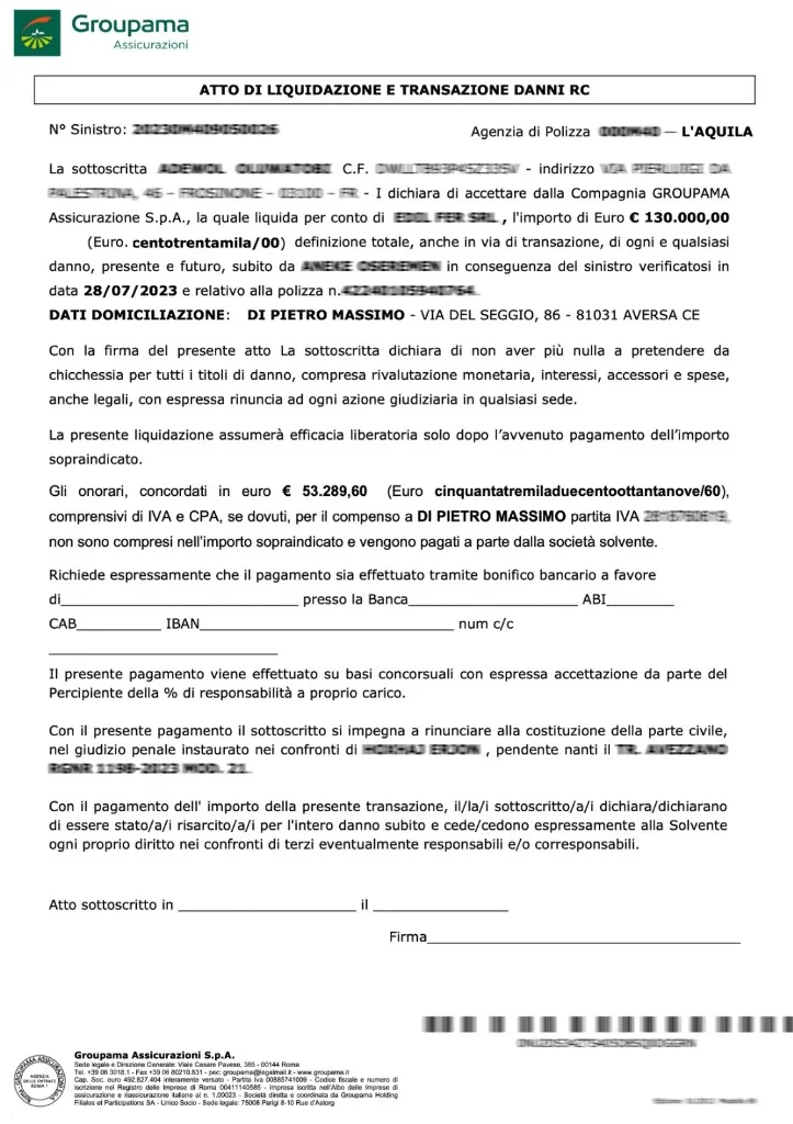 Groupama settlement document - Road Accident case