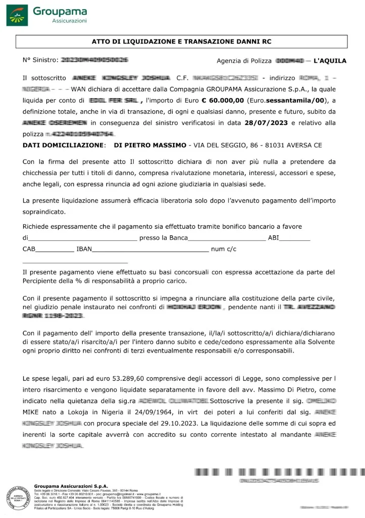 Groupama settlement document €60,000 - Road Accident case