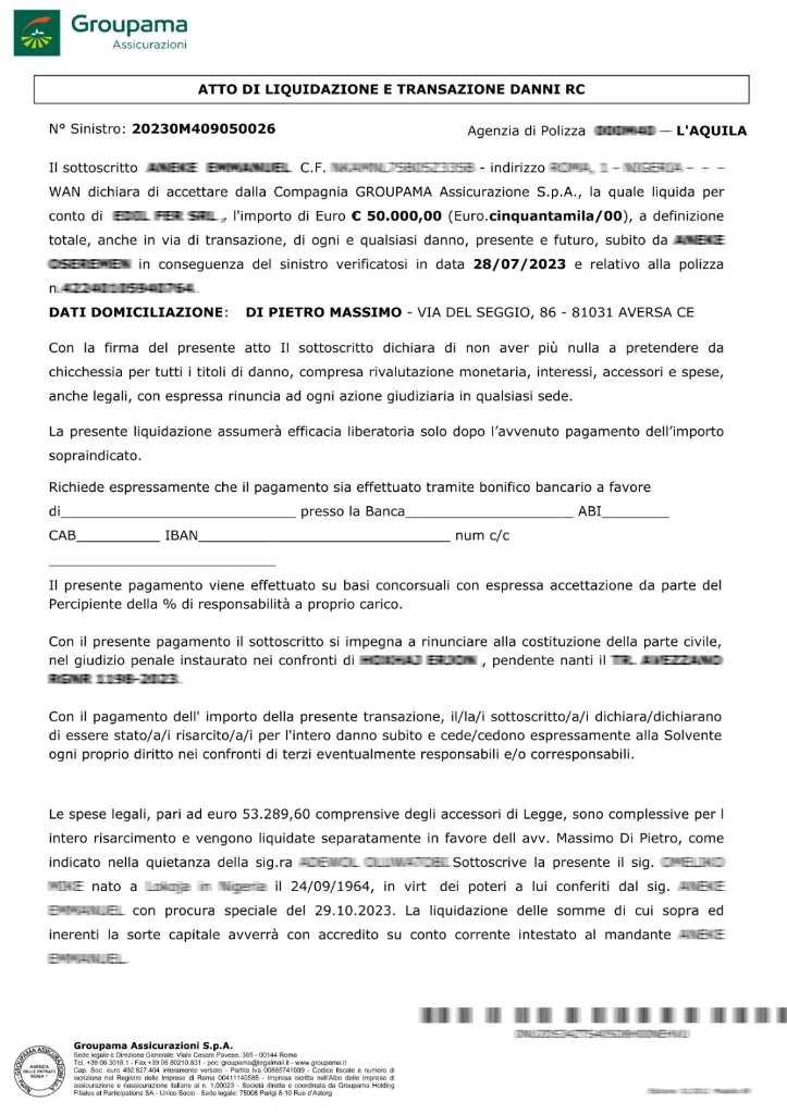 Groupama settlement document €50,000 - Road Accident case