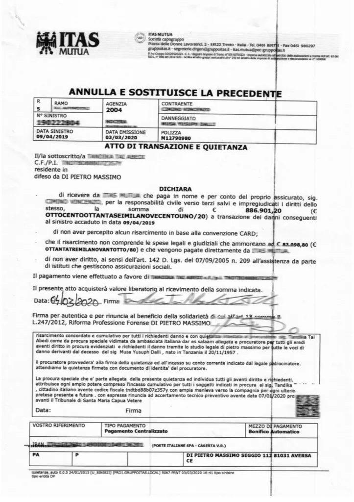 ITAS Mutua settlement document - Road Accident case