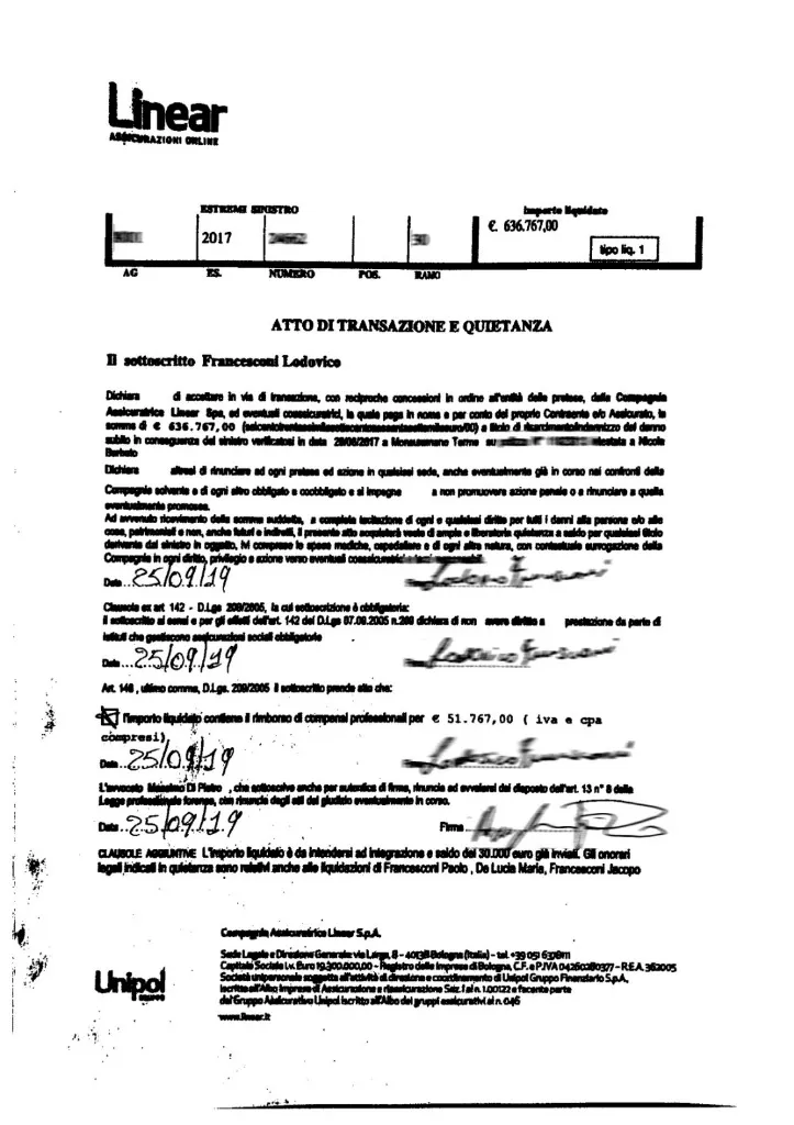 Linear Assicurazioni settlement document - Road Accident case