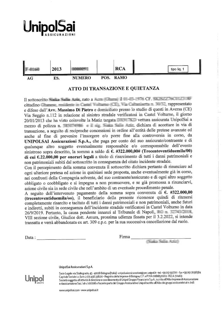 UnipolSai settlement document - Road Accident case